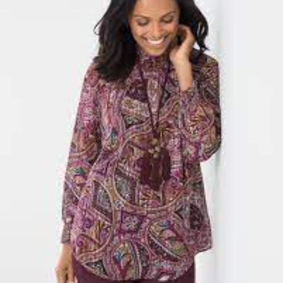 Chico's Bohemian Scrolls Smocked Mock-Neck Top Size 3 - Picture 2 of 15